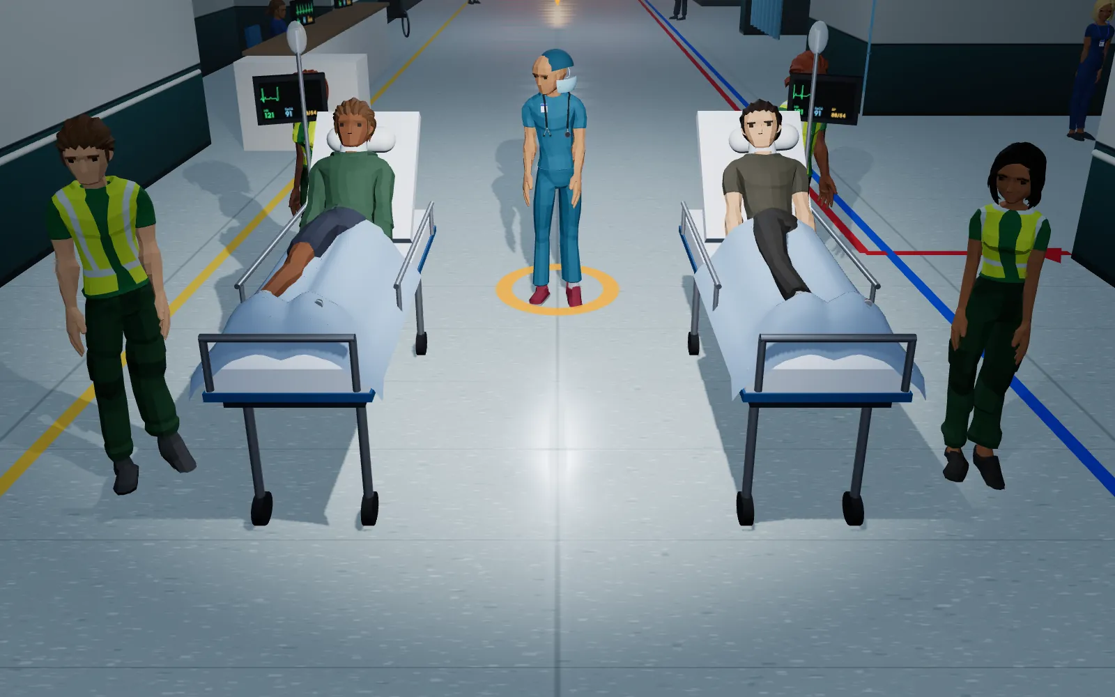 A hospital corridor at night. Two patients lie on trolleys side by side, each brought in by a paramedic, and the doctor stands between them.