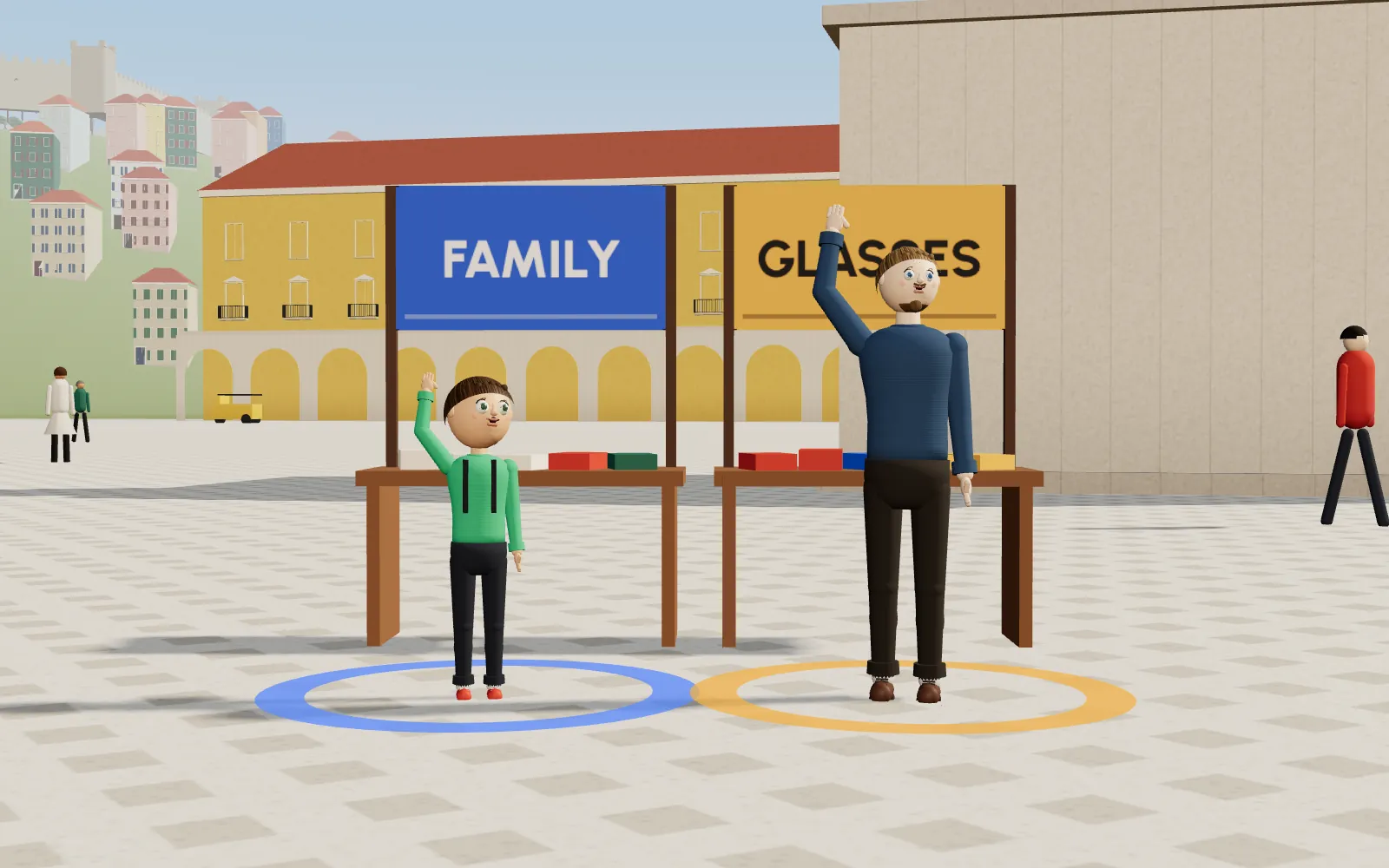 A square in Lisbon on a clear day. Two people wave from two stalls, one under a blue banner that says Family and one under a gold banner that says Glasses, each asking for the same $100.