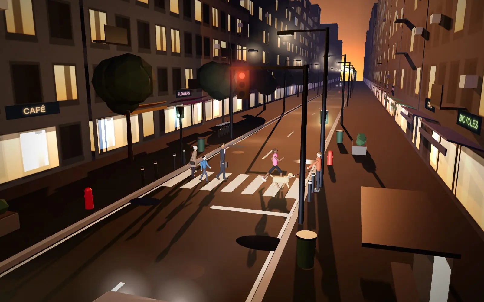 A city street at dusk. People and a dog are halfway across a pedestrian crossing; the light is red.